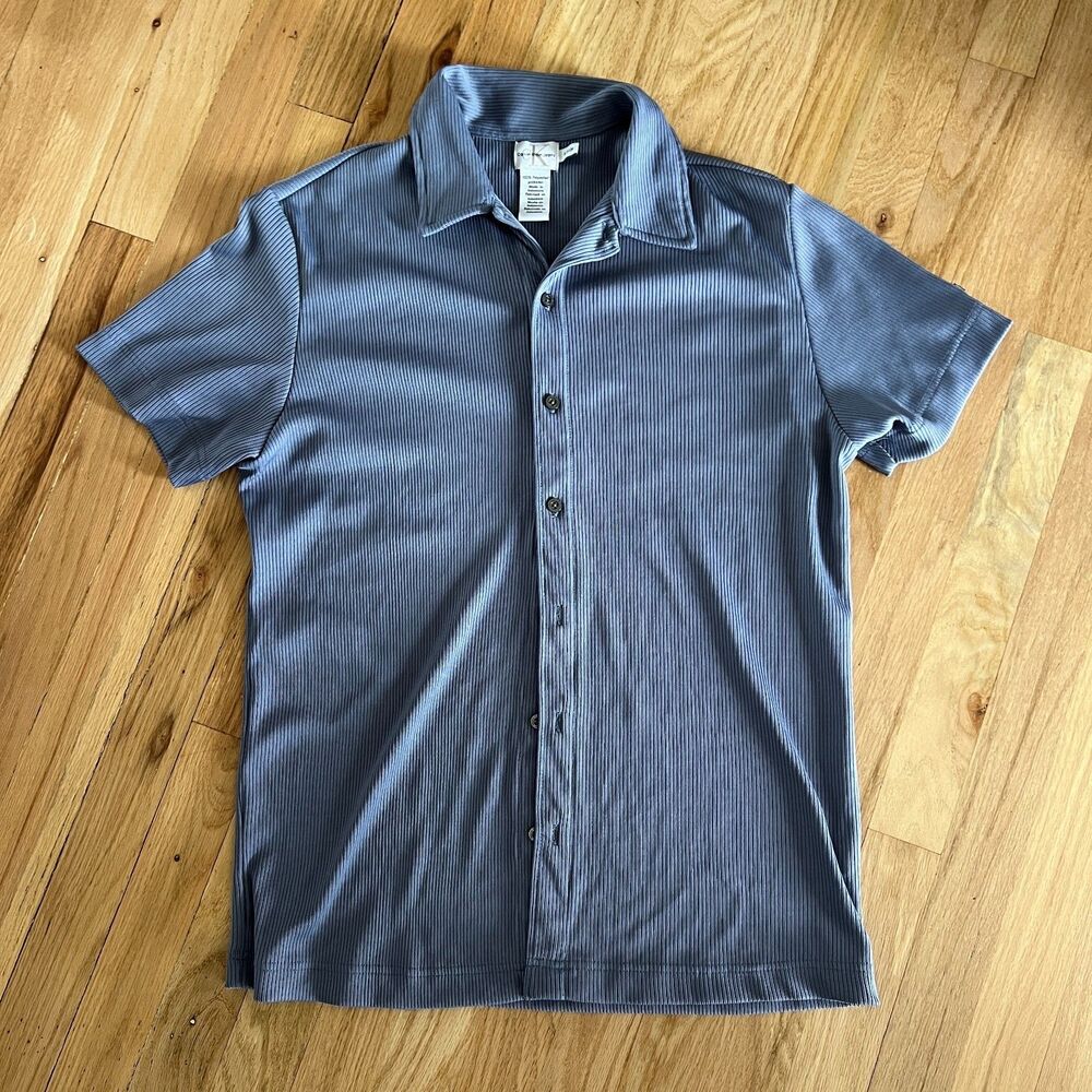 Calvin Klein‎ Short Sleeved Button Up Shirt Blue texture rib knit small vacation
